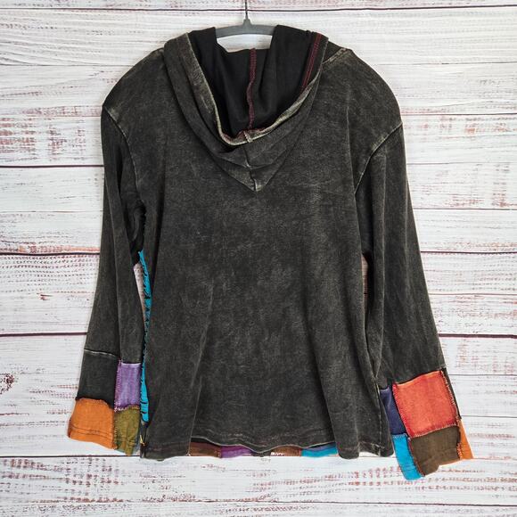 Rising International Zip up Hoodie Jacket L Patchwork Nepal Sage Multi Geo Boho - Picture 2 of 9
